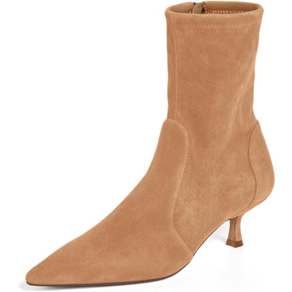 Women's Khaki Low Kitten Heel Ankle Shoes Pointed Toe Side Zipper Fall Boots